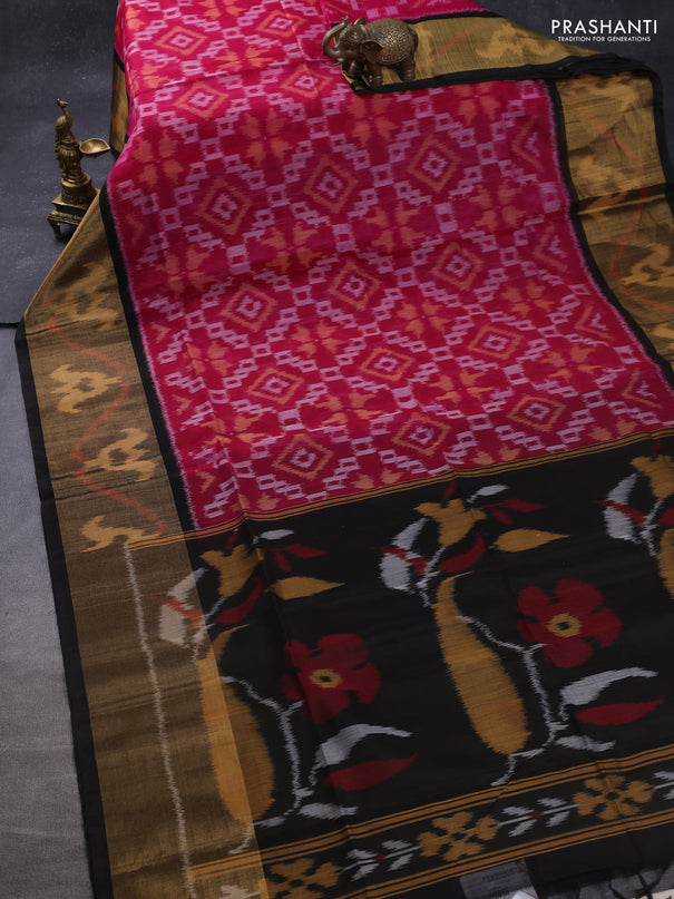 Ikat silk cotton saree pink and deep coffee brown with allover ikat weaves and long zari woven ikat border