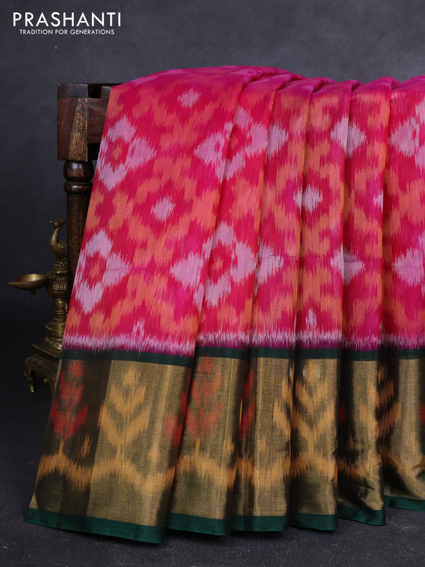 Ikat silk cotton saree pink and bottle green with allover ikat weaves and long zari woven ikat border