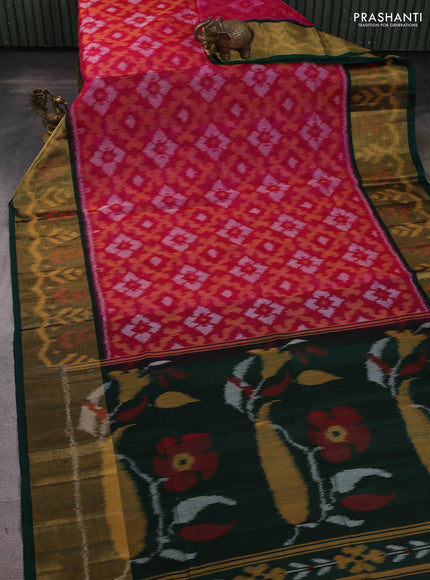 Ikat silk cotton saree pink and bottle green with allover ikat weaves and long zari woven ikat border