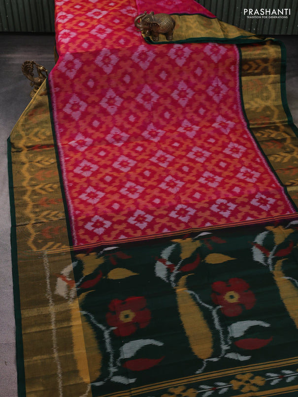 Ikat silk cotton saree pink and bottle green with allover ikat weaves and long zari woven ikat border