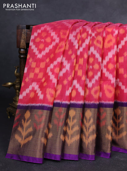 Ikat silk cotton saree pink shade and purple with allover ikat weaves and long zari woven ikat border