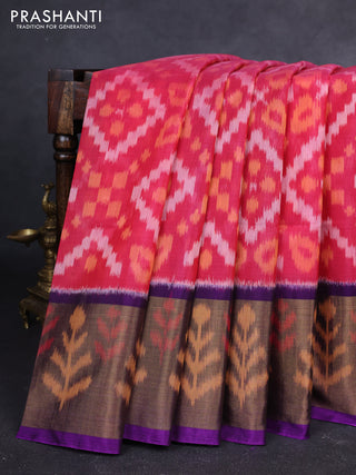 Ikat silk cotton saree pink shade and purple with allover ikat weaves and long zari woven ikat border