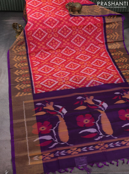 Ikat silk cotton saree pink shade and purple with allover ikat weaves and long zari woven ikat border