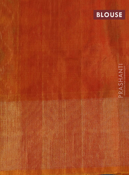 Ikat silk cotton saree bottle green and rustic orange with allover ikat weaves and long zari woven ikat border