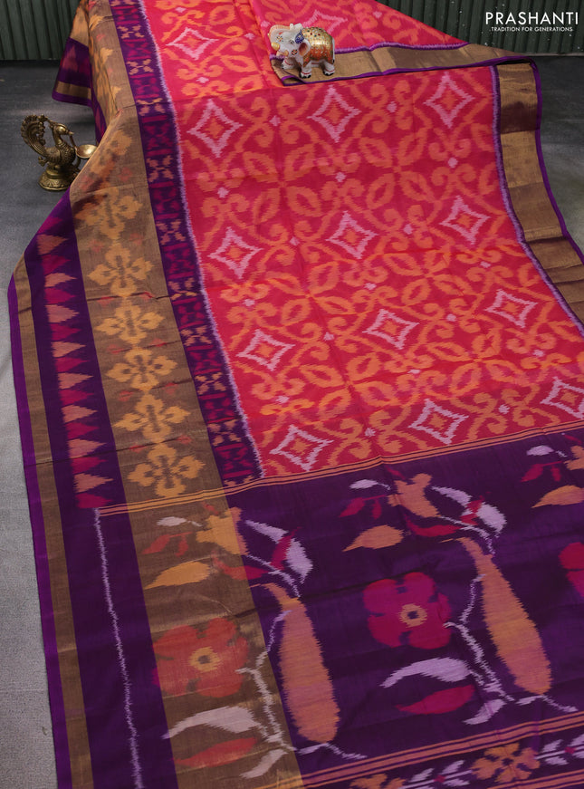 Ikat silk cotton saree pink and purple with allover ikat weaves and long zari woven ikat border