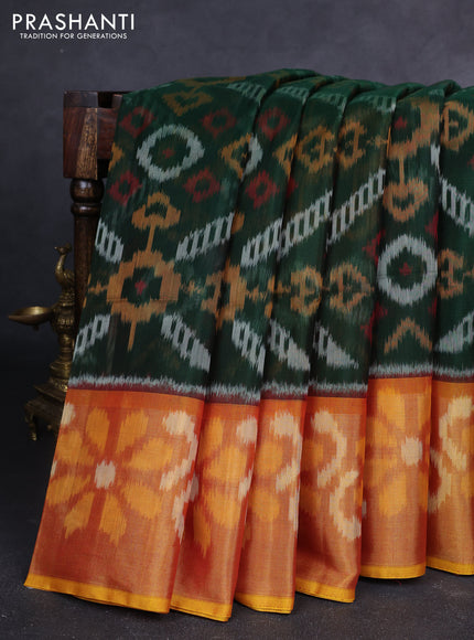 Ikat silk cotton saree bottle green and dual shade of dark mustard with allover ikat weaves and long zari woven ikat border