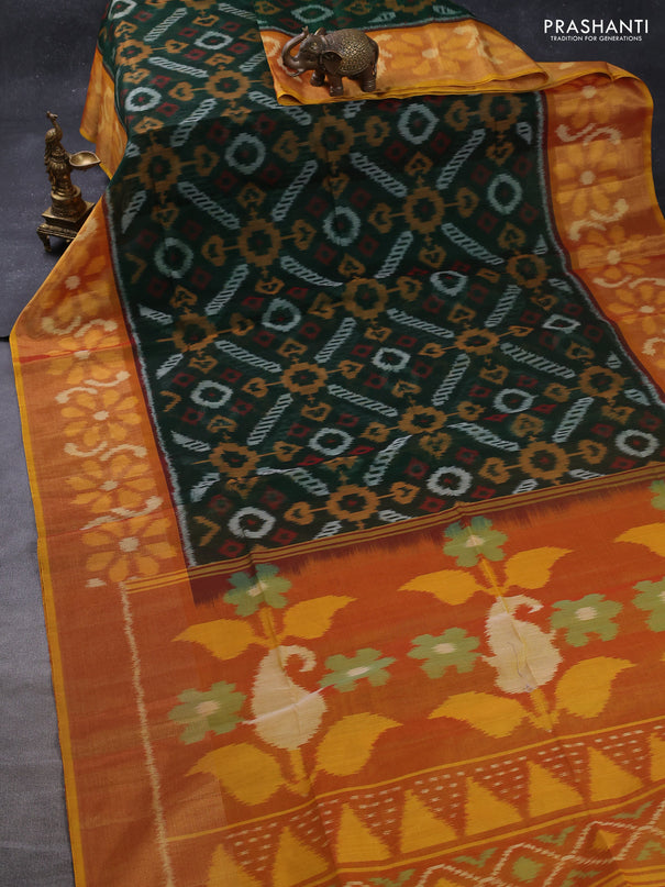 Ikat silk cotton saree bottle green and dual shade of dark mustard with allover ikat weaves and long zari woven ikat border