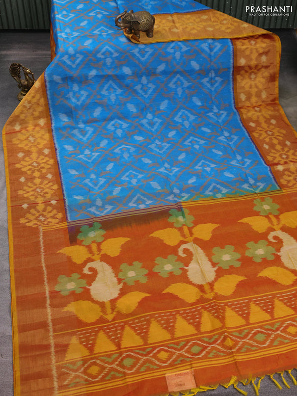 Ikat silk cotton saree light blue and dark mustard with allover ikat weaves and long zari woven ikat border