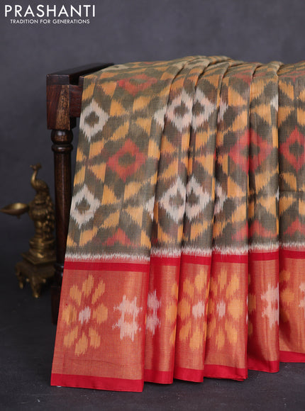 Ikat silk cotton saree chikku shade and red with allover ikat weaves and long zari woven ikat border