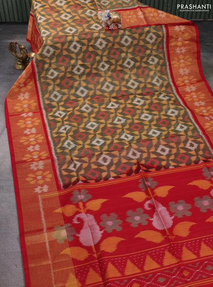 Ikat silk cotton saree chikku shade and red with allover ikat weaves and long zari woven ikat border