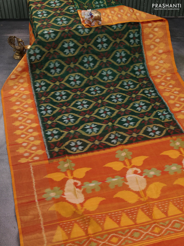 Ikat silk cotton saree bottle green and dual shade of dark mustard with allover ikat weaves and long zari woven ikat border