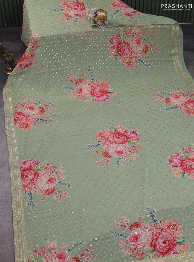 Georgette saree pastel green with allover sequin work & floral digital prints and sequin work border