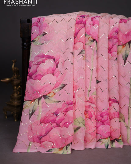Georgette saree pale orange and mild peach pink with allover floral digital prints & gold stone work
