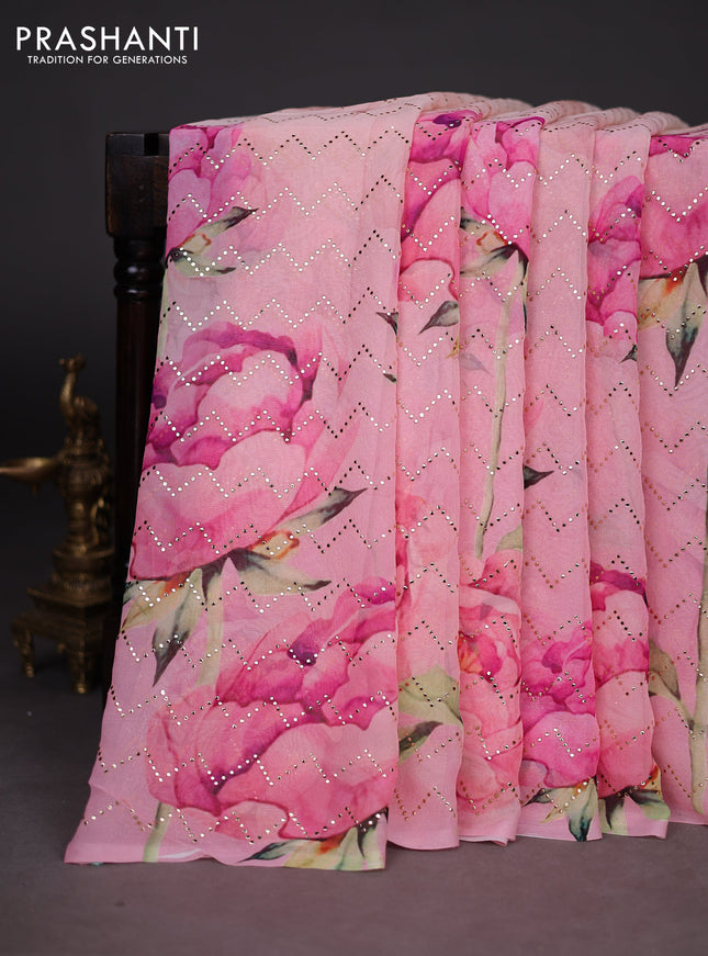 Georgette saree pale orange and mild peach pink with allover floral digital prints & gold stone work