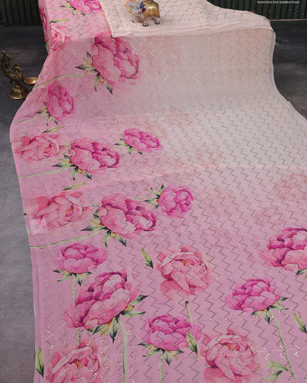 Georgette saree pale orange and mild peach pink with allover floral digital prints & gold stone work