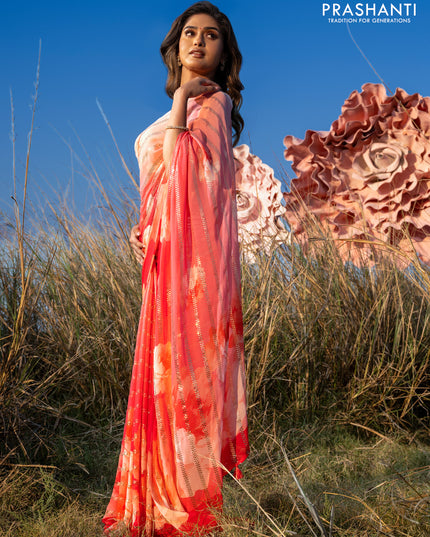 Georgette saree peach pink and pink with allover floral digital prints & gold stone work