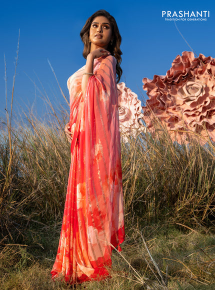 Georgette saree peach pink and pink with allover floral digital prints & gold stone work
