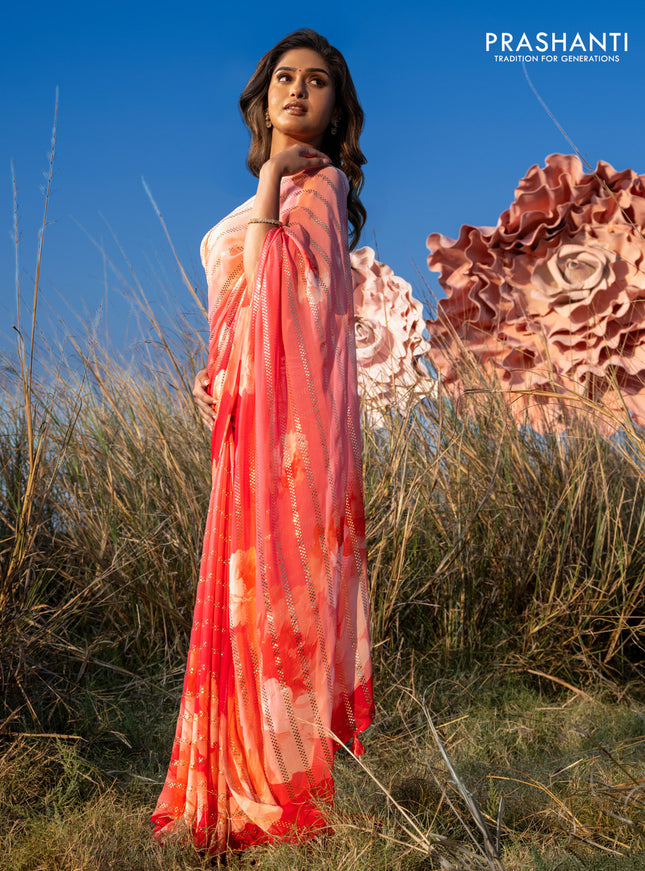 Georgette saree peach pink and pink with allover floral digital prints & gold stone work