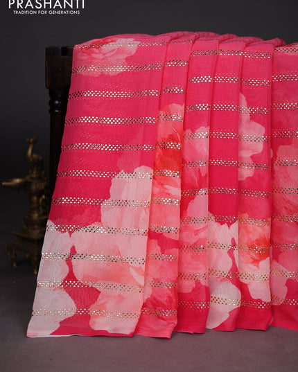 Georgette saree peach pink and pink with allover floral digital prints & gold stone work