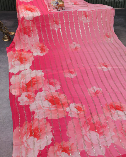 Georgette saree peach pink and pink with allover floral digital prints & gold stone work