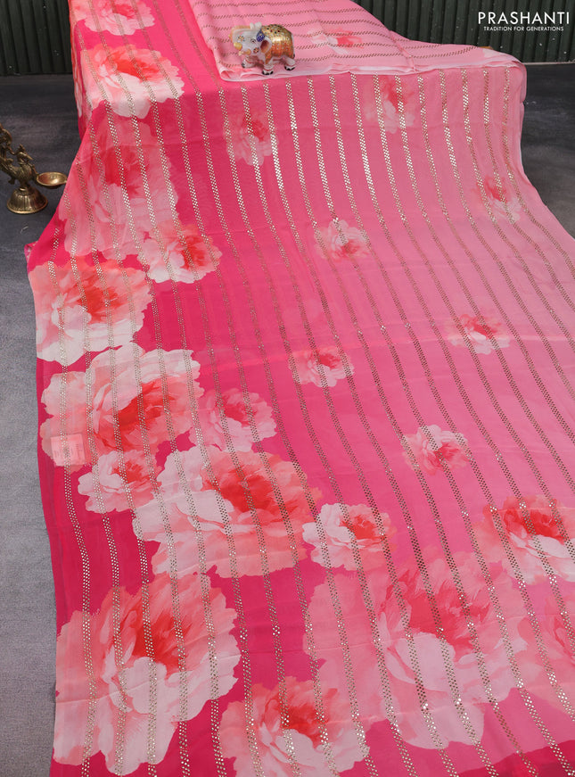 Georgette saree peach pink and pink with allover floral digital prints & gold stone work