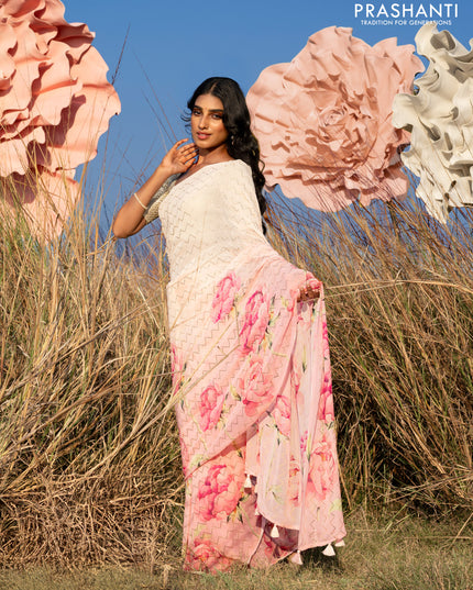Georgette saree pale orange and mild peach pink with allover floral digital prints & gold stone work