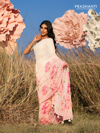 Georgette saree pale orange and mild peach pink with allover floral digital prints & gold stone work