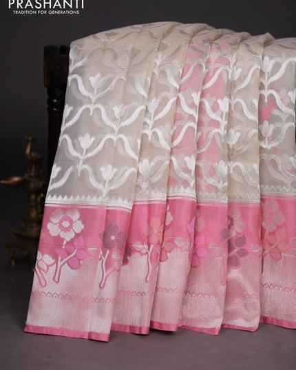 Kora Jamdhani silk saree beige and peach pink with alover jamdhani weaves long floral design zari woven border