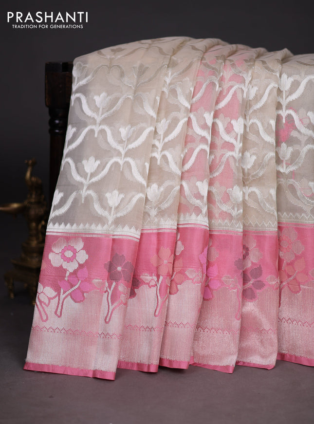 Kora Jamdhani silk saree beige and peach pink with alover jamdhani weaves long floral design zari woven border