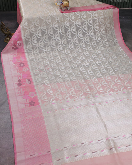 Kora Jamdhani silk saree beige and peach pink with alover jamdhani weaves long floral design zari woven border
