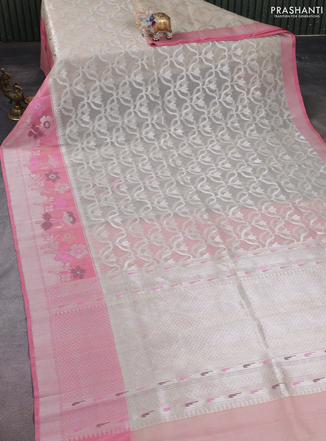 Kora Jamdhani silk saree beige and peach pink with alover jamdhani weaves long floral design zari woven border