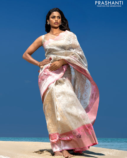 Kora Jamdhani silk saree beige and peach pink with alover jamdhani weaves long floral design zari woven border