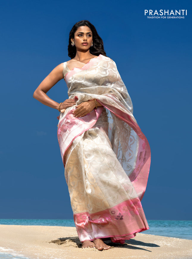 Kora Jamdhani silk saree beige and peach pink with alover jamdhani weaves long floral design zari woven border