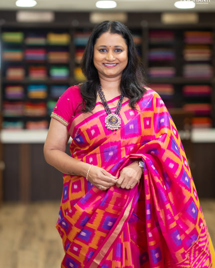 Ikat soft silk saree pink and mango yellow with allover ikat weaves and zari woven border