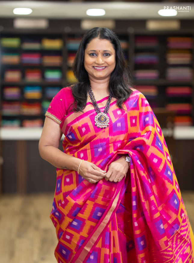 Ikat soft silk saree pink and mango yellow with allover ikat weaves and zari woven border