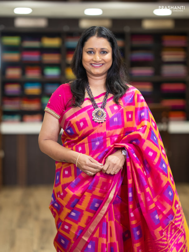 Ikat soft silk saree pink and mango yellow with allover ikat weaves and zari woven border