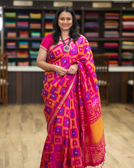 Ikat soft silk saree pink and mango yellow with allover ikat weaves and zari woven border