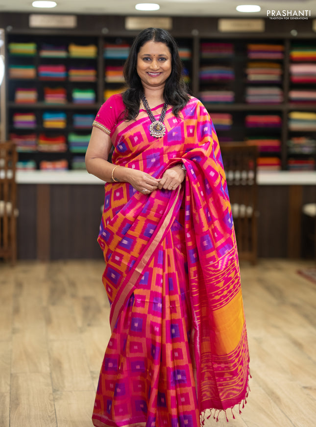 Ikat soft silk saree pink and mango yellow with allover ikat weaves and zari woven border
