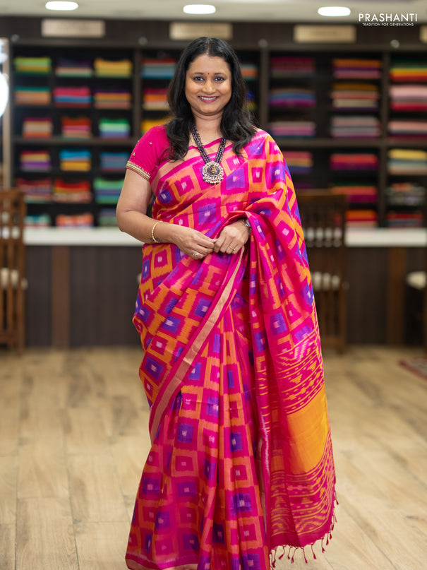 Ikat soft silk saree pink and mango yellow with allover ikat weaves and zari woven border