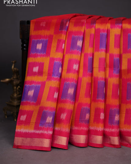 Ikat soft silk saree pink and mango yellow with allover ikat weaves and zari woven border