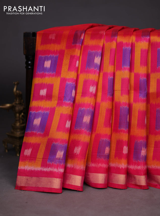 Ikat soft silk saree pink and mango yellow with allover ikat weaves and zari woven border