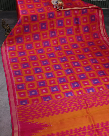 Ikat soft silk saree pink and mango yellow with allover ikat weaves and zari woven border