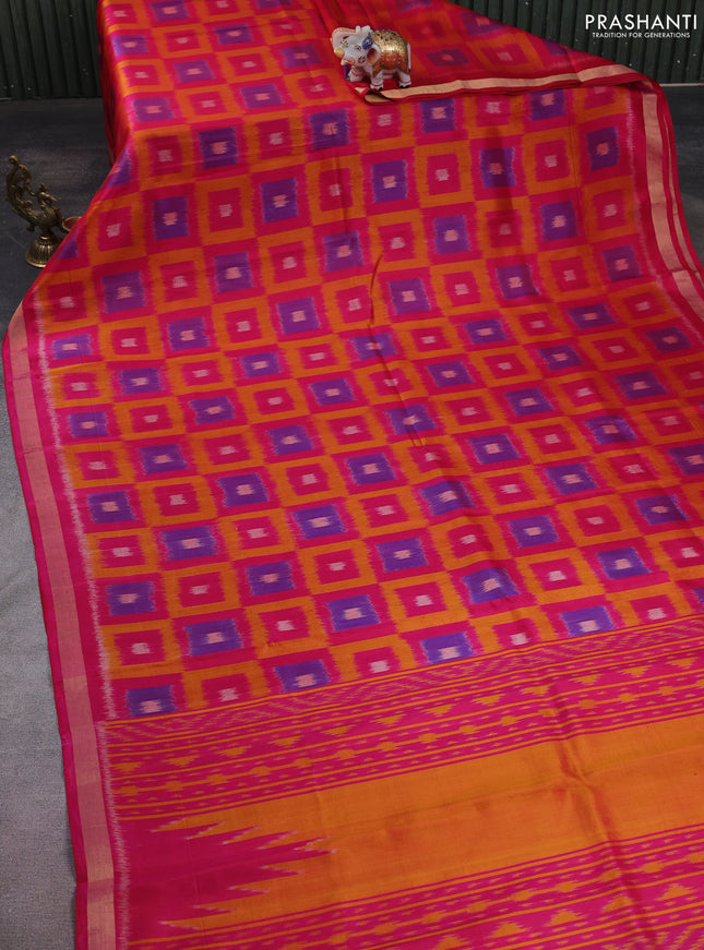 Ikat soft silk saree pink and mango yellow with allover ikat weaves and zari woven border