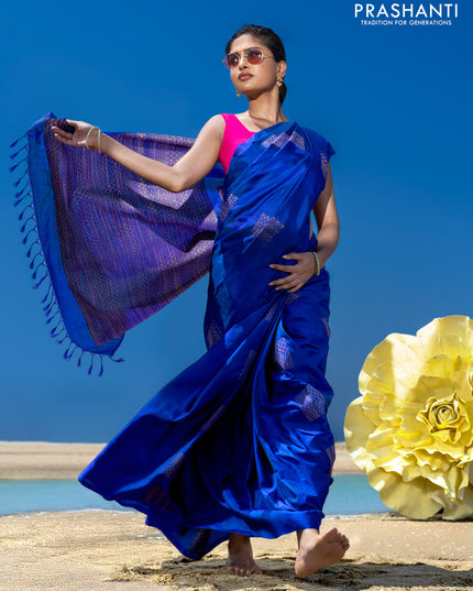 Pure soft silk saree blue with thread woven buttas in borderless style
