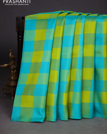Pure soft silk saree lime yellow and teal green with allover paalum pazhamum checks in borderless style