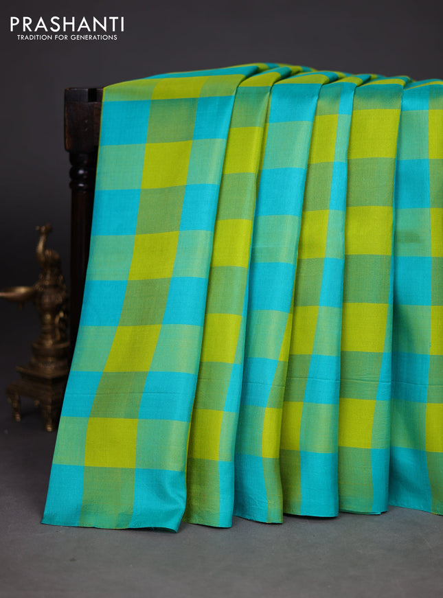 Pure soft silk saree lime yellow and teal green with allover paalum pazhamum checks in borderless style
