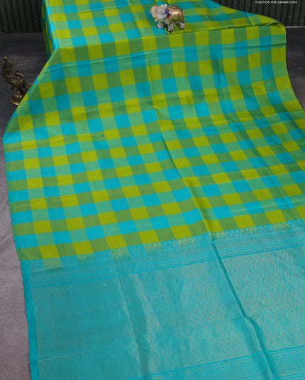 Pure soft silk saree lime yellow and teal green with allover paalum pazhamum checks in borderless style