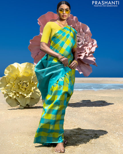 Pure soft silk saree lime yellow and teal green with allover paalum pazhamum checks in borderless style