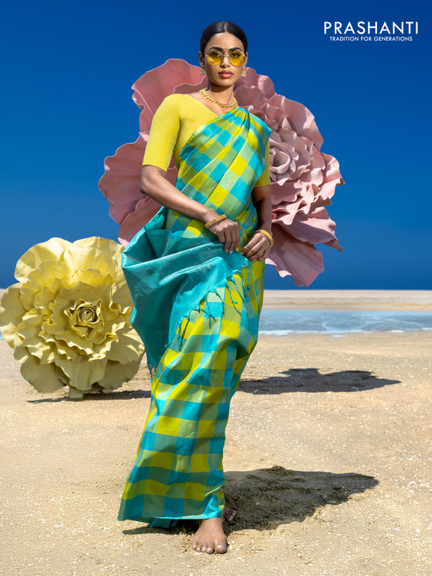 Pure soft silk saree lime yellow and teal green with allover paalum pazhamum checks in borderless style