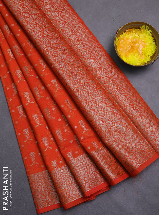 Banarasi semi chiniya saree orange with allover thread & zari weaves and woven border